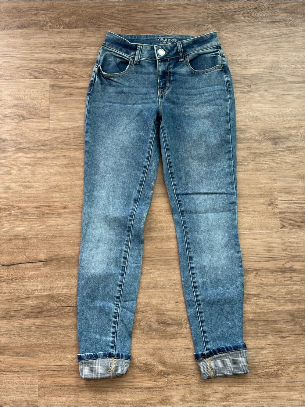 Maurices Mid Rise Fold Over Plaid Cuff Skinny Jeans Size XS